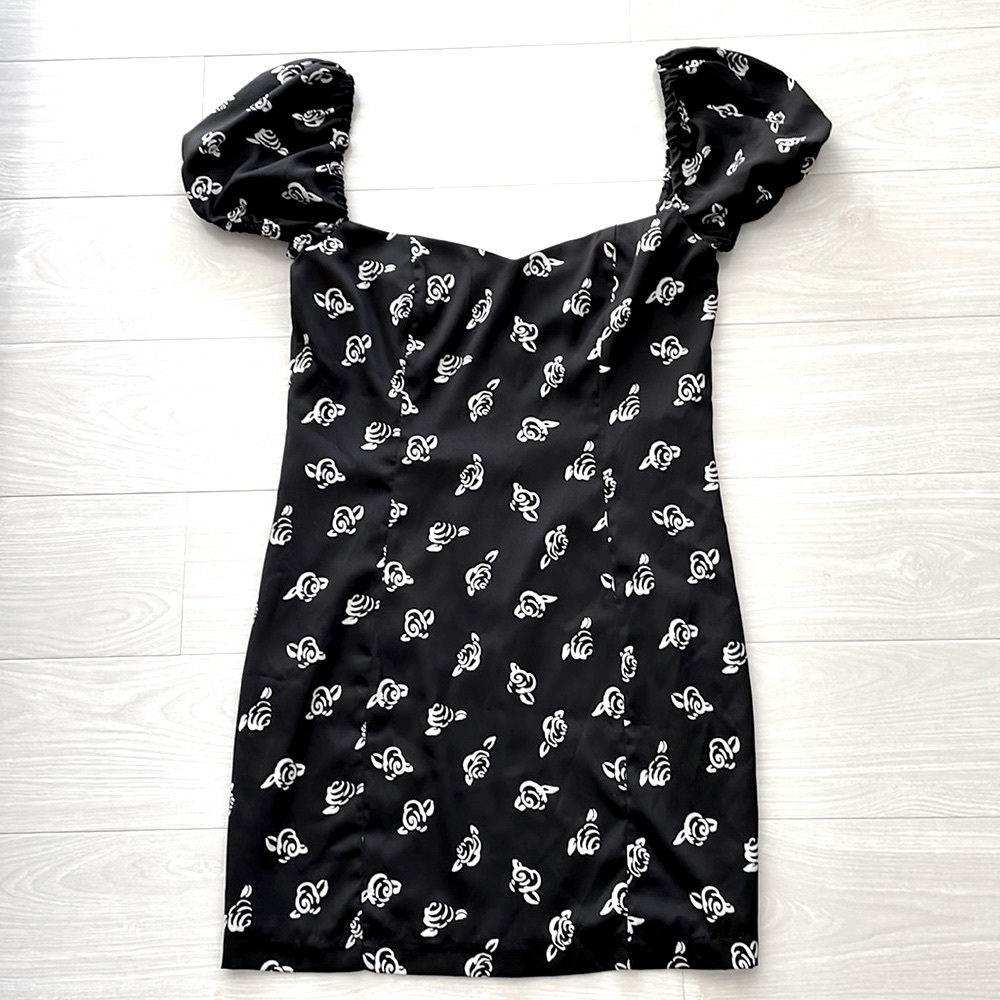 Likely Puff Sleeve Black & Ivory Rose Dress
